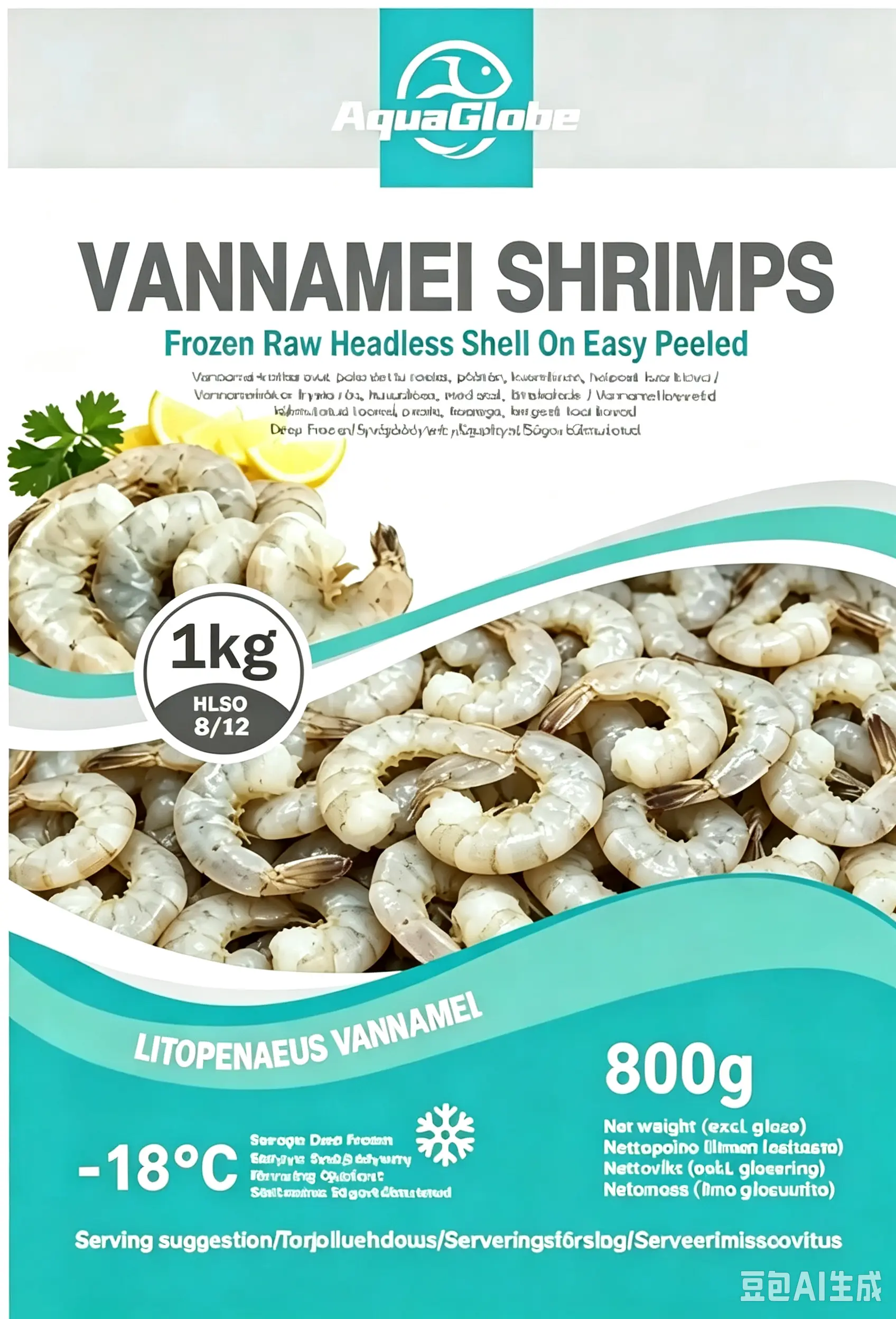 AquaGlobe Vannamei Shrimps HLSO Easy Peeled  8/12 800g | AquaGlobe 开背白虾 (无头有壳) 8/12 800g