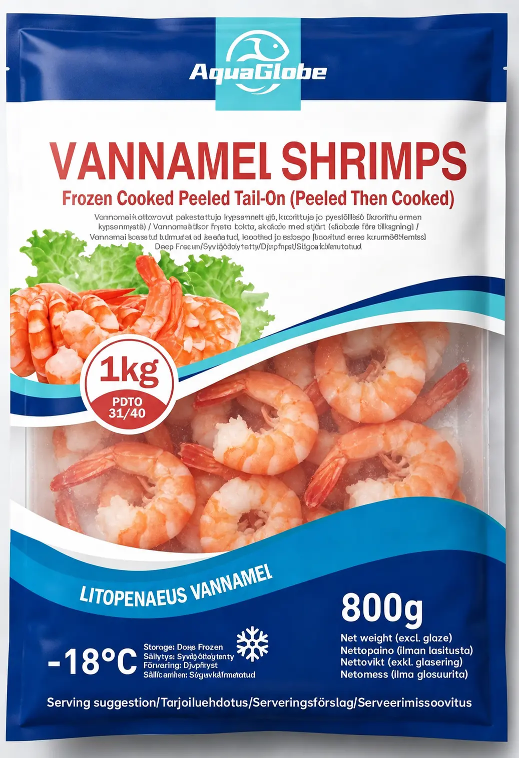 AquaGlobe Vannamei Shrimps Cooked Peeled Tail On 31/40 800g | AquaGlobe 熟虾仁 带尾 31/40 800g