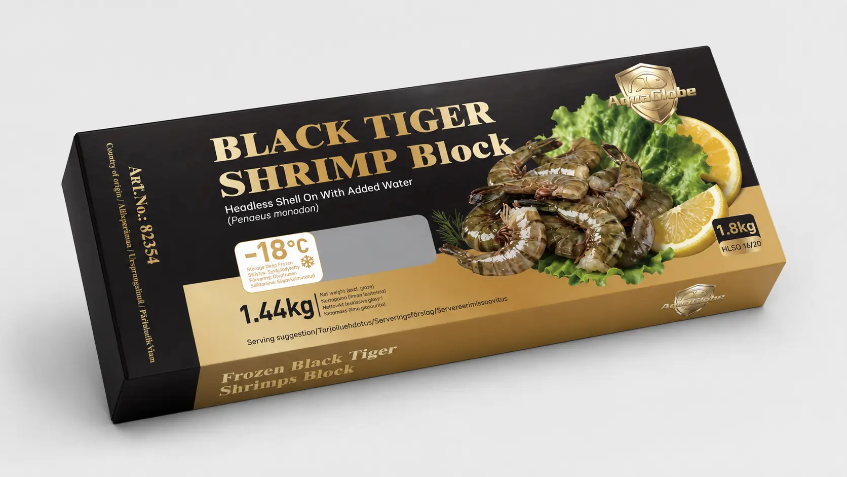 GOLDEN AQUAGLOBE Black Tiger Shrimps 16/20 HLSO 1.8kg (1.44kg) | 金标AQUAGLOBE 16/20 黑虎大虾 (无头有壳) 1.8kg (净重 1.44kg)