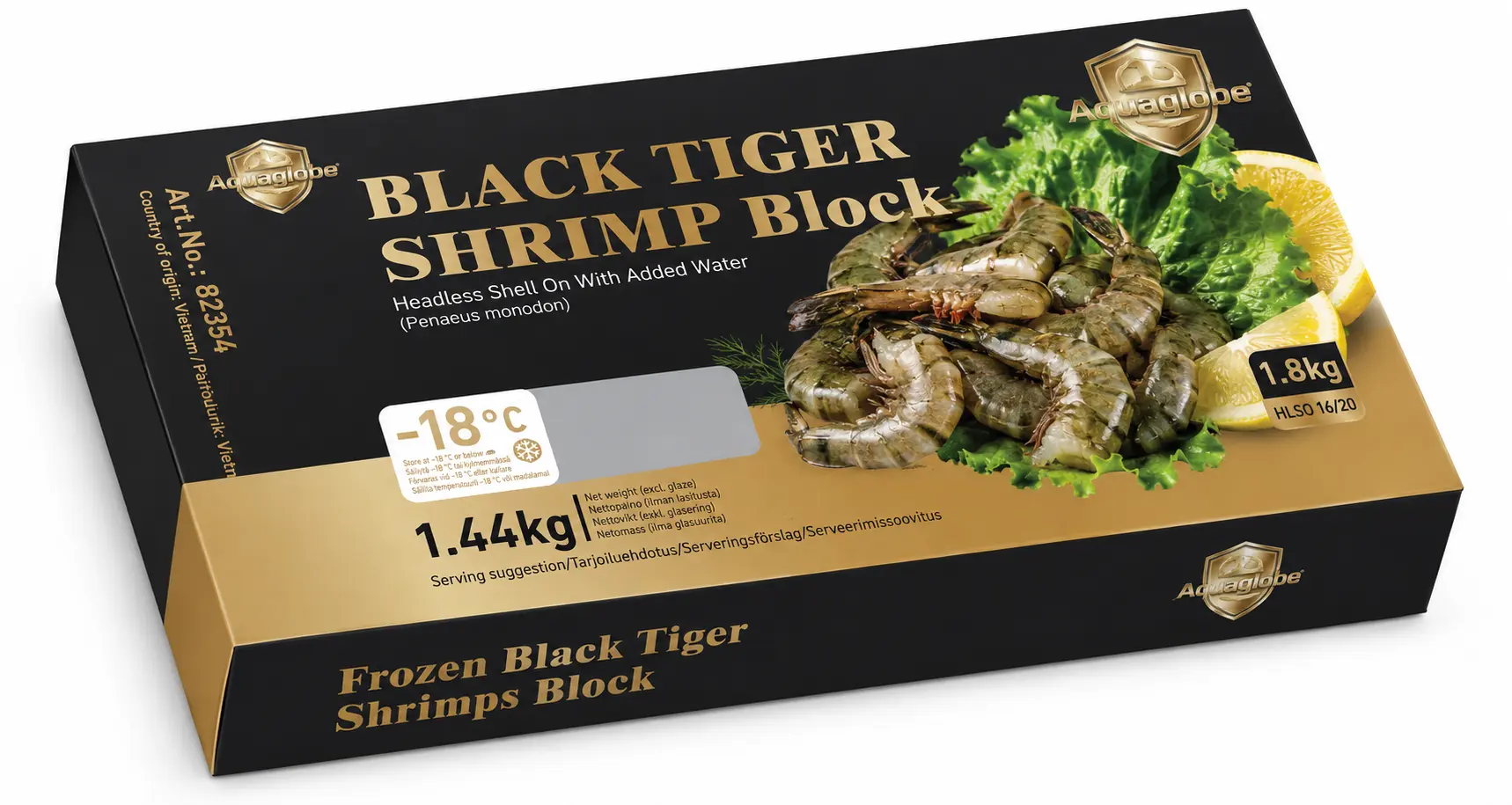 GOLDEN AQUAGLOBE Black Tiger Shrimps 21/25 HLSO 1.8kg (1.44kg) | 金标AQUAGLOBE 21/25 黑虎大虾 (无头有壳) 1.8kg (净重 1.44kg） 