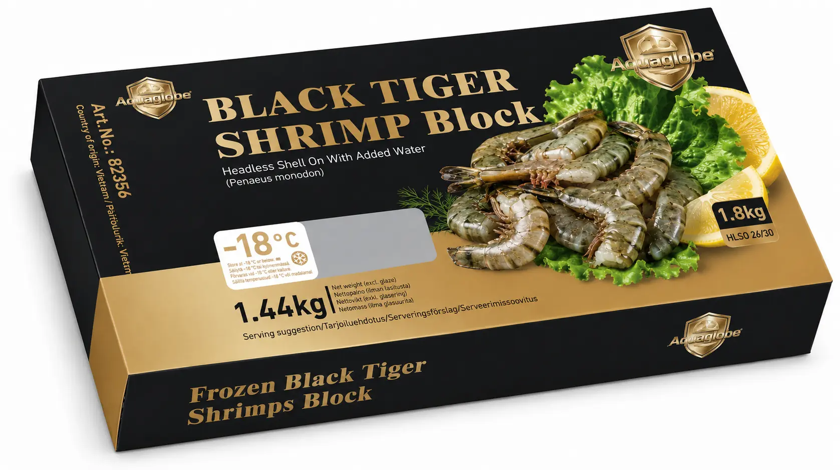 GOLDEN AQUAGLOBE Black Tiger Shrimps 26/30 HLSO 1.8kg (1.44kg) | 金标AQUAGLOBE 26/30 黑虎大虾 (无头有壳) 1.8kg (净重 1.44kg） 
