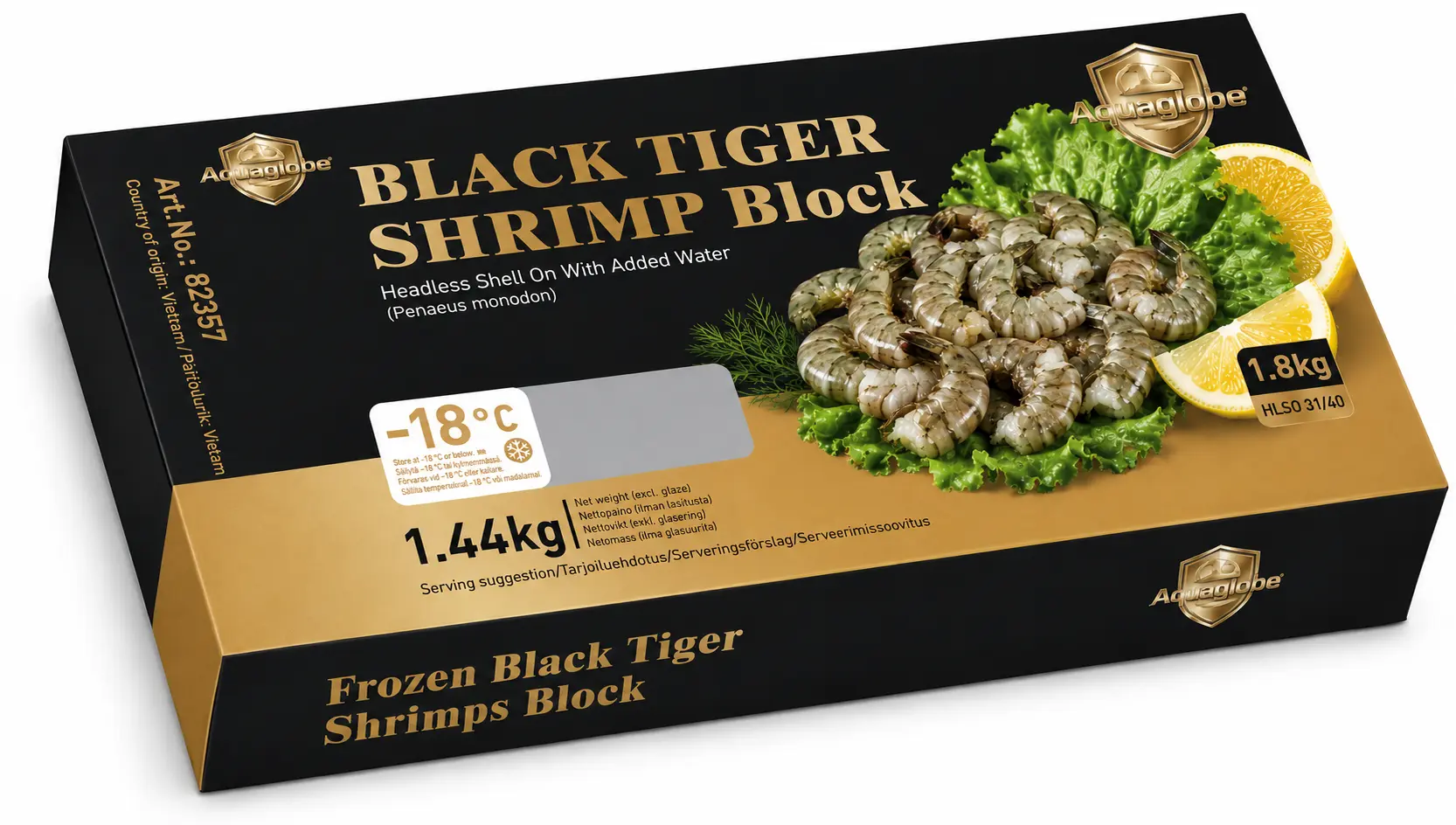 金标Aquaglobe 31/40 黑虎大虾 (无头有壳) 1.8kg (净重 1.44kg) | GOLDEN AQUAGLOBE Black Tiger Shrimps 31/40 HLSO 1.8kg (1.44kg)