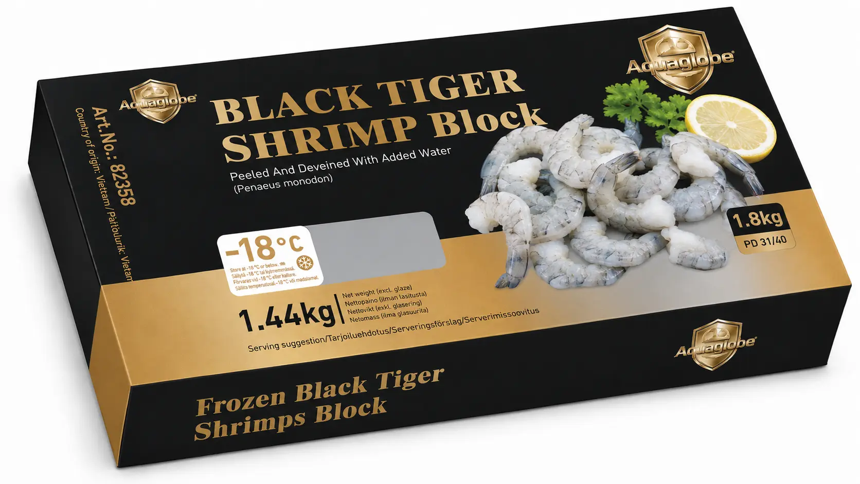 金标Aquaglobe 31/40 黑虎 虾仁1.8kg(净重 1.44kg) | GOLDEN AQUAGLOBE Black Tiger Shrimps 31/40 PD 1.8kg(1.44kg)